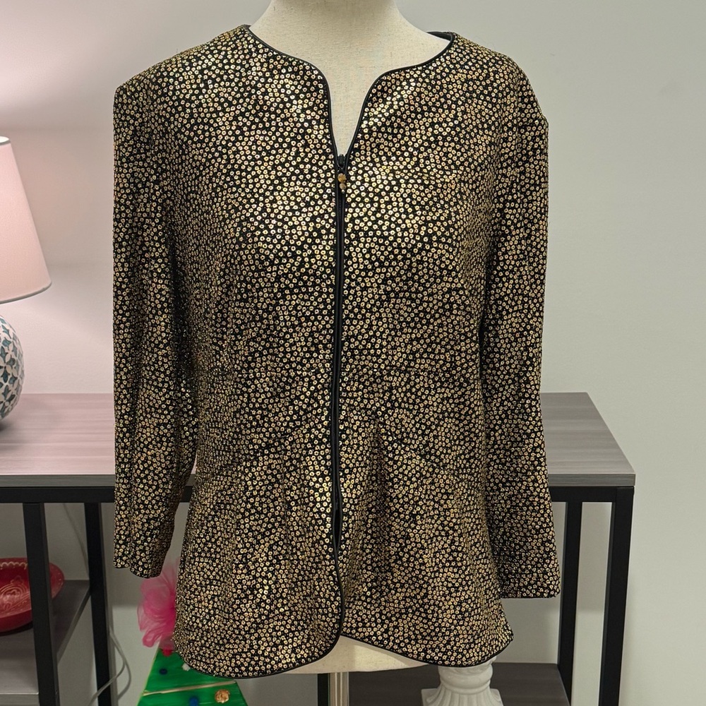 ✨ Vintage Alex Evenings Black & Gold Zip-Front Evening Jacket Top – Women’s L ✨